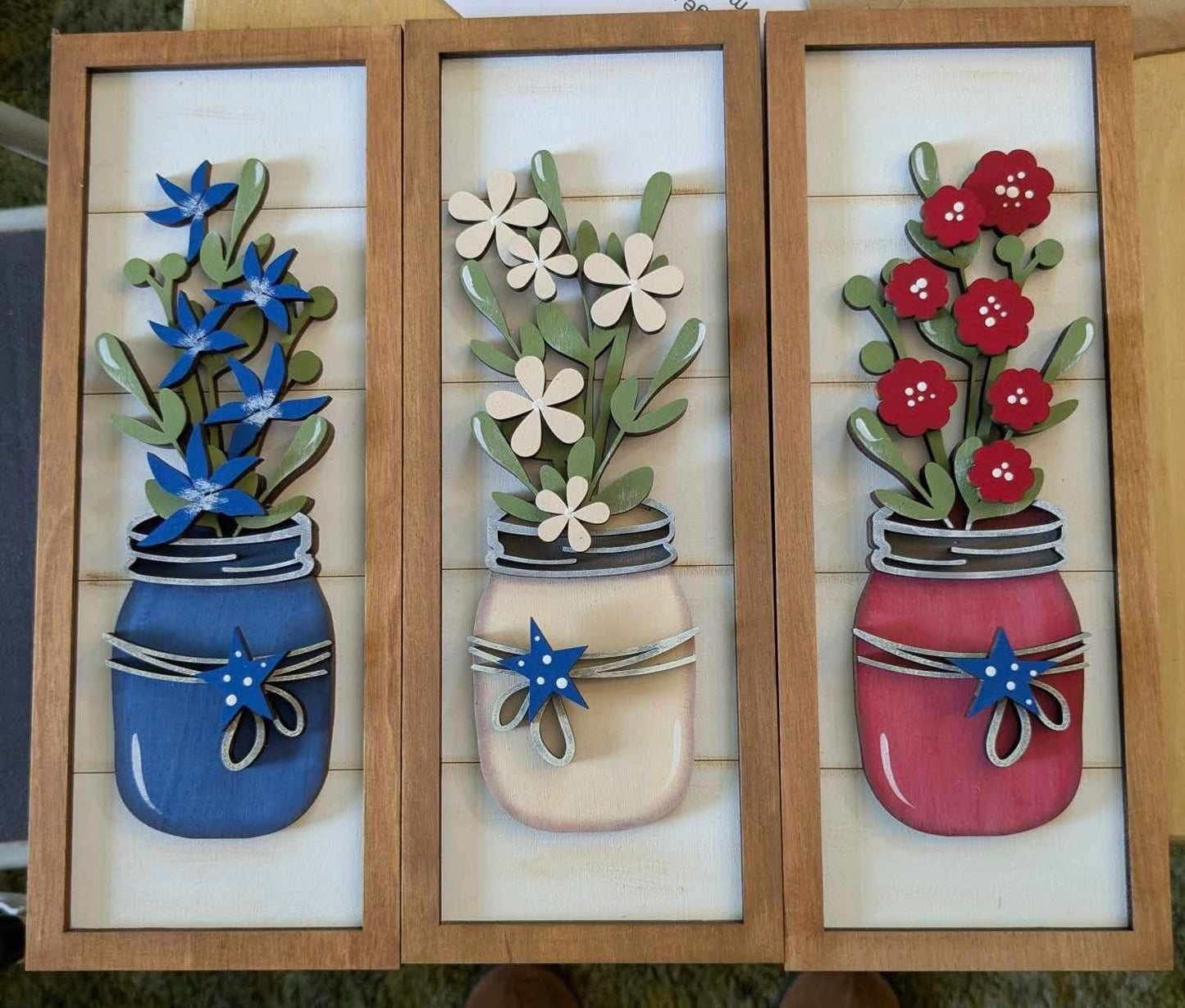 Mason Jars with Flowers (red, white and blue) Vertical Trio Sign