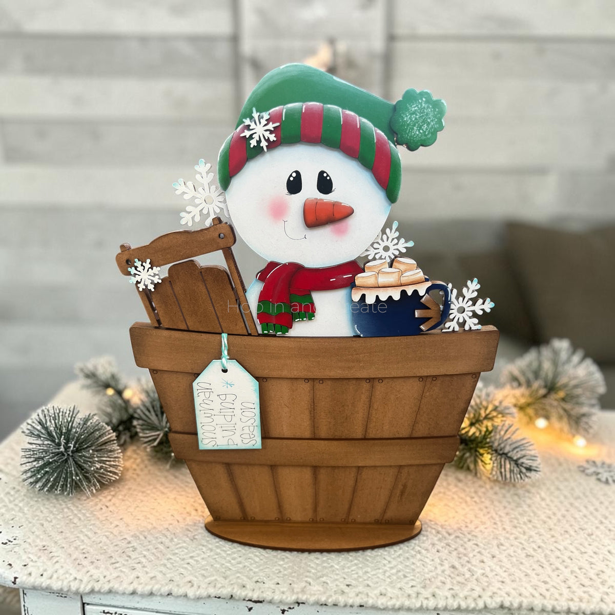 Snowman (Sleigh and Cocoa) Basket Insert – Full Size | Interchangeable Winter Decor