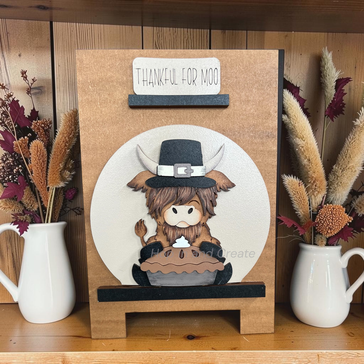 Thankful for Moo Highland Cow Thanksgiving Globe Easel Insert – Hand-Painted Fall Décor