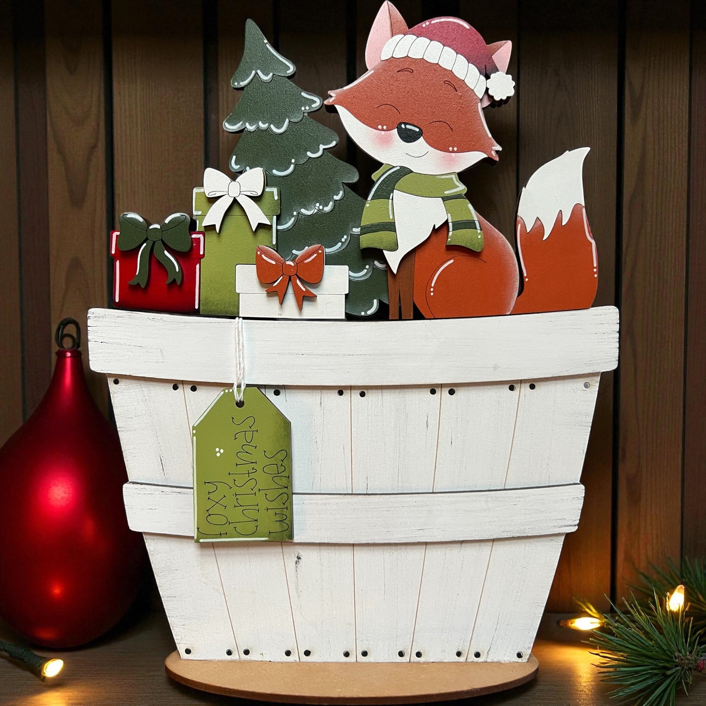 Christmas Fox (Woodland Creatures) Basket Insert – Full Size | Interchangeable Christmas Decor