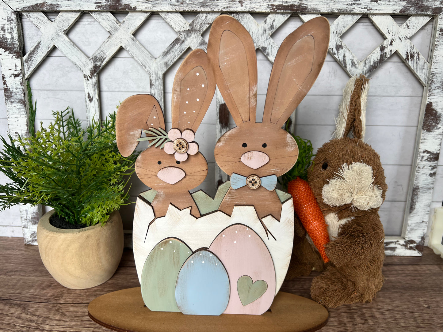 Easter Bunny Egg Shelf Sitter | Hand-Painted Spring Decor (10x6)
