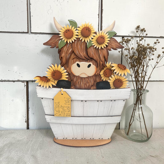 Sunflower Highland Cow Basket Insert – Full Size | Interchangeable Fall Decor