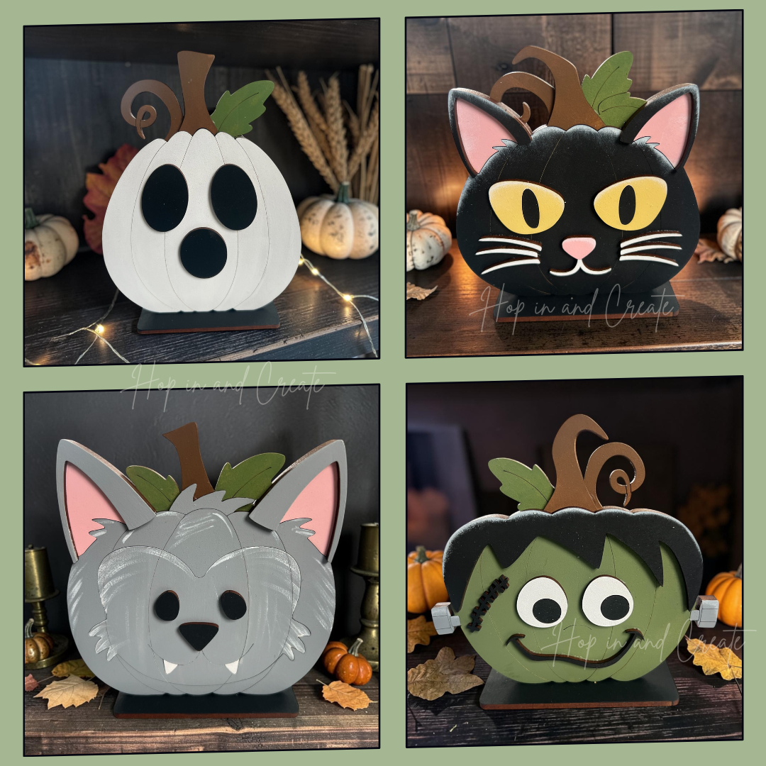 Halloween Faces DIY Wood Kit – Set of 4 Pumpkin Shelf Sitters | Ghost, Cat, Werewolf & Frankenstein