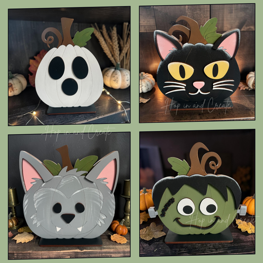 Halloween Faces DIY Wood Kit – Set of 4 Pumpkin Shelf Sitters | Ghost, Cat, Werewolf & Frankenstein