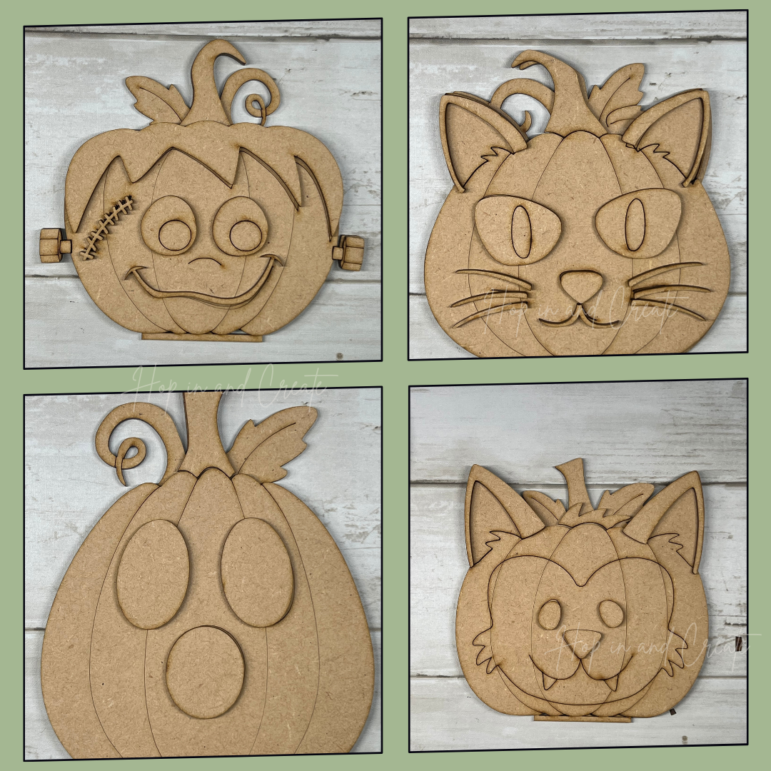 Halloween Faces DIY Wood Kit – Set of 4 Pumpkin Shelf Sitters | Ghost, Cat, Werewolf & Frankenstein