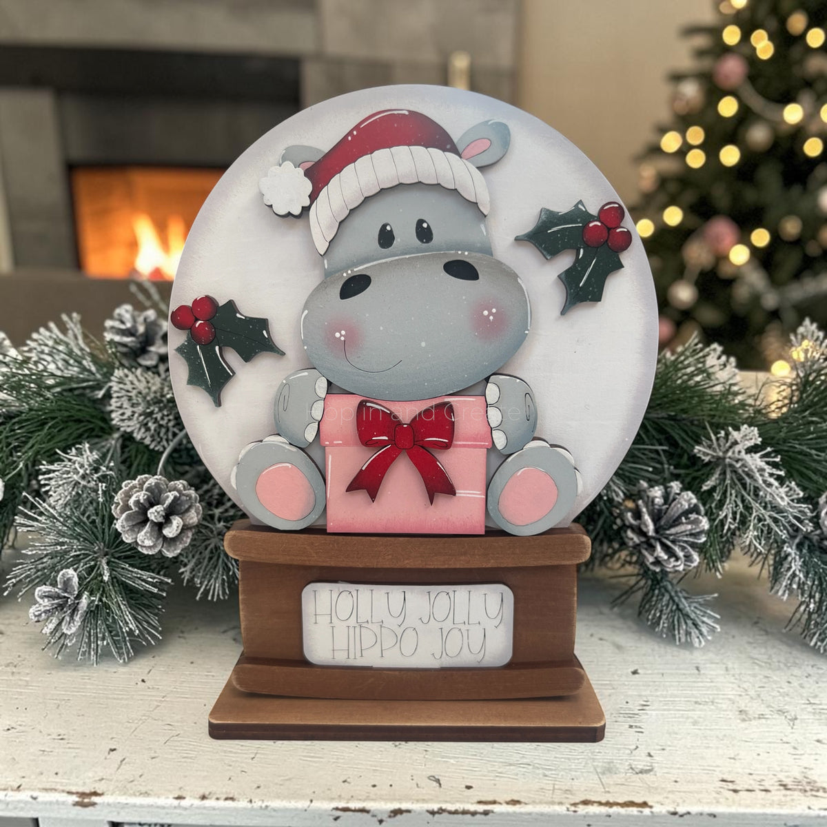 Holly Jolly Hippo Christmas Insert – Interchangeable Globe & Easel Holiday Décor
