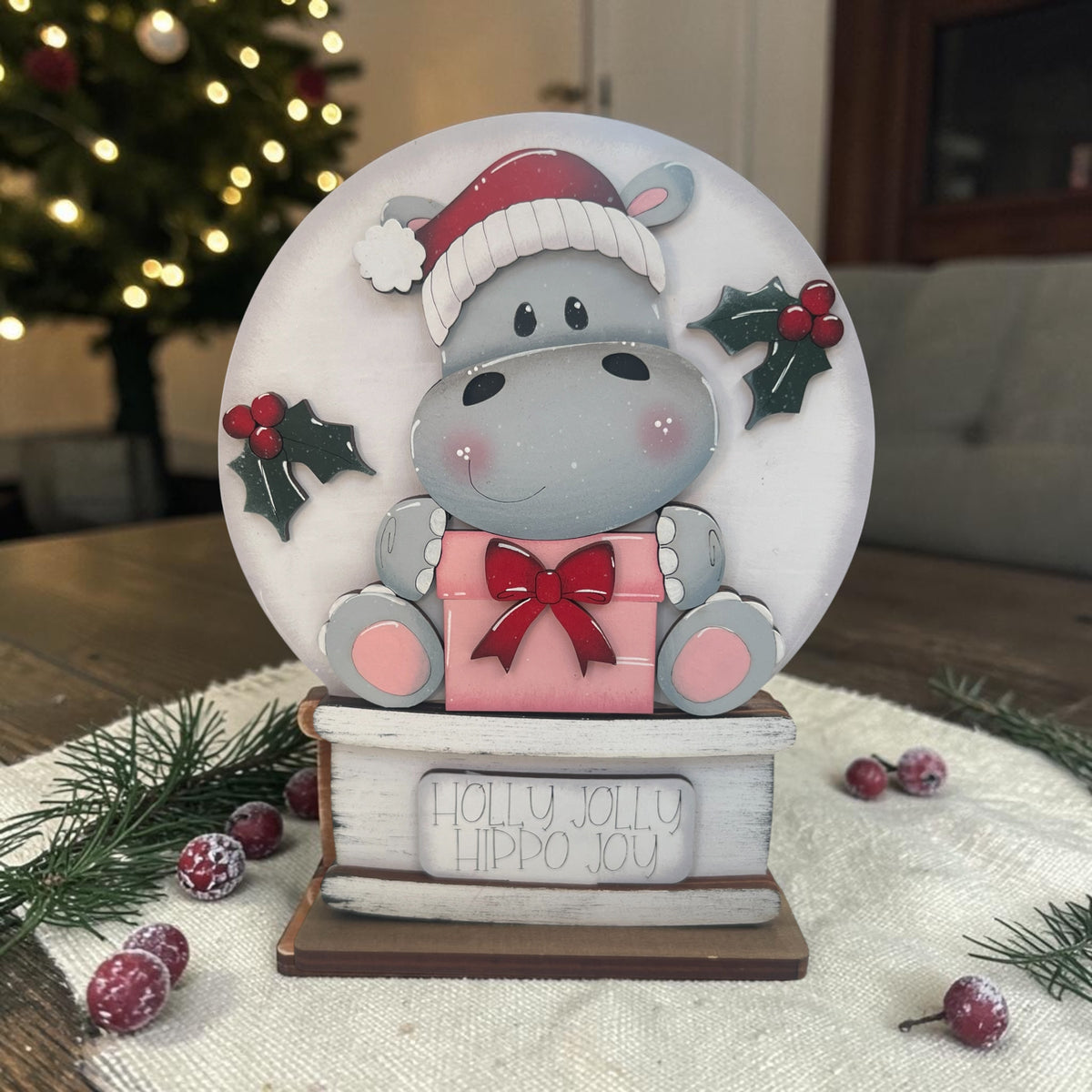 Holly Jolly Hippo Christmas Insert – Interchangeable Globe & Easel Holiday Décor