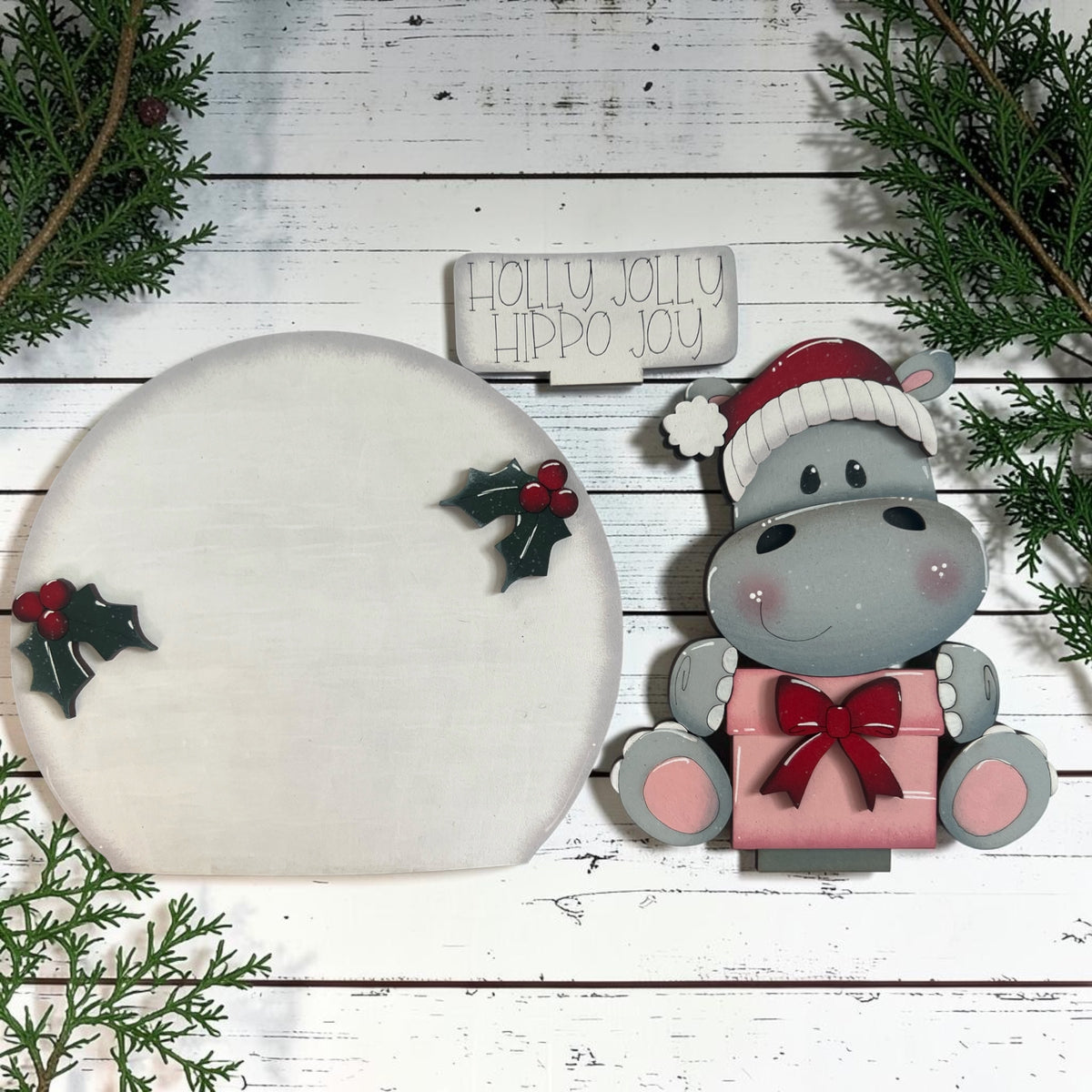 Holly Jolly Hippo Christmas Insert – Interchangeable Globe & Easel Holiday Décor