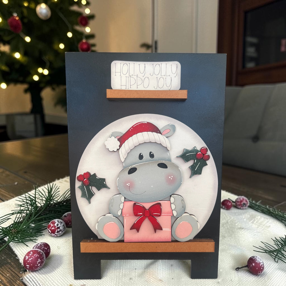 Holly Jolly Hippo Christmas Insert – Interchangeable Globe & Easel Holiday Décor