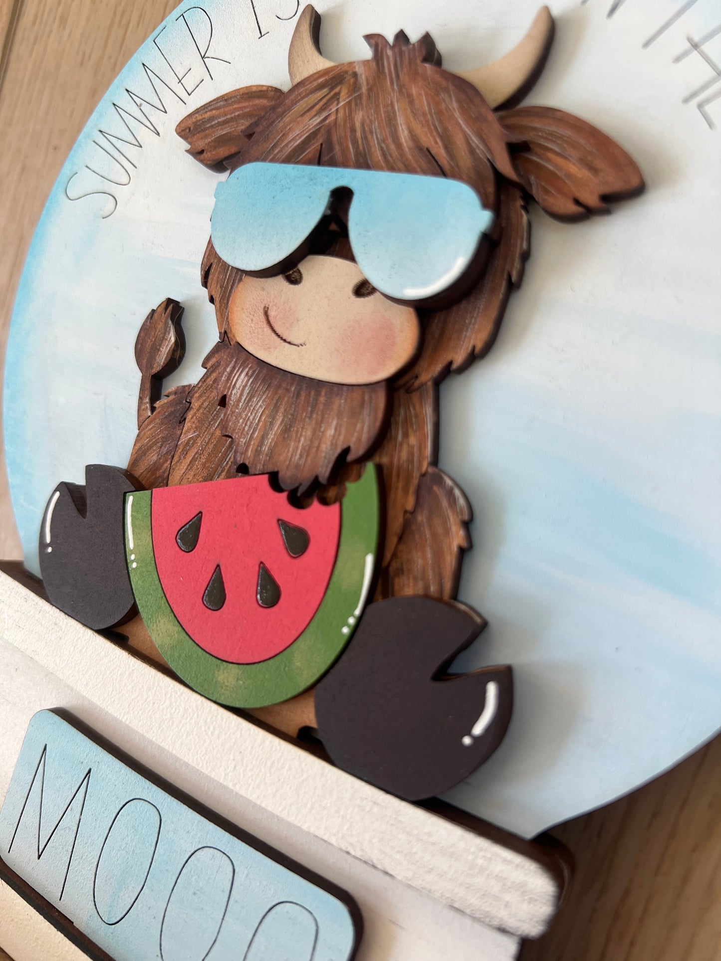 Highland Cow Watermelon Easel Globe Insert | Summer Interchangeable Decor
