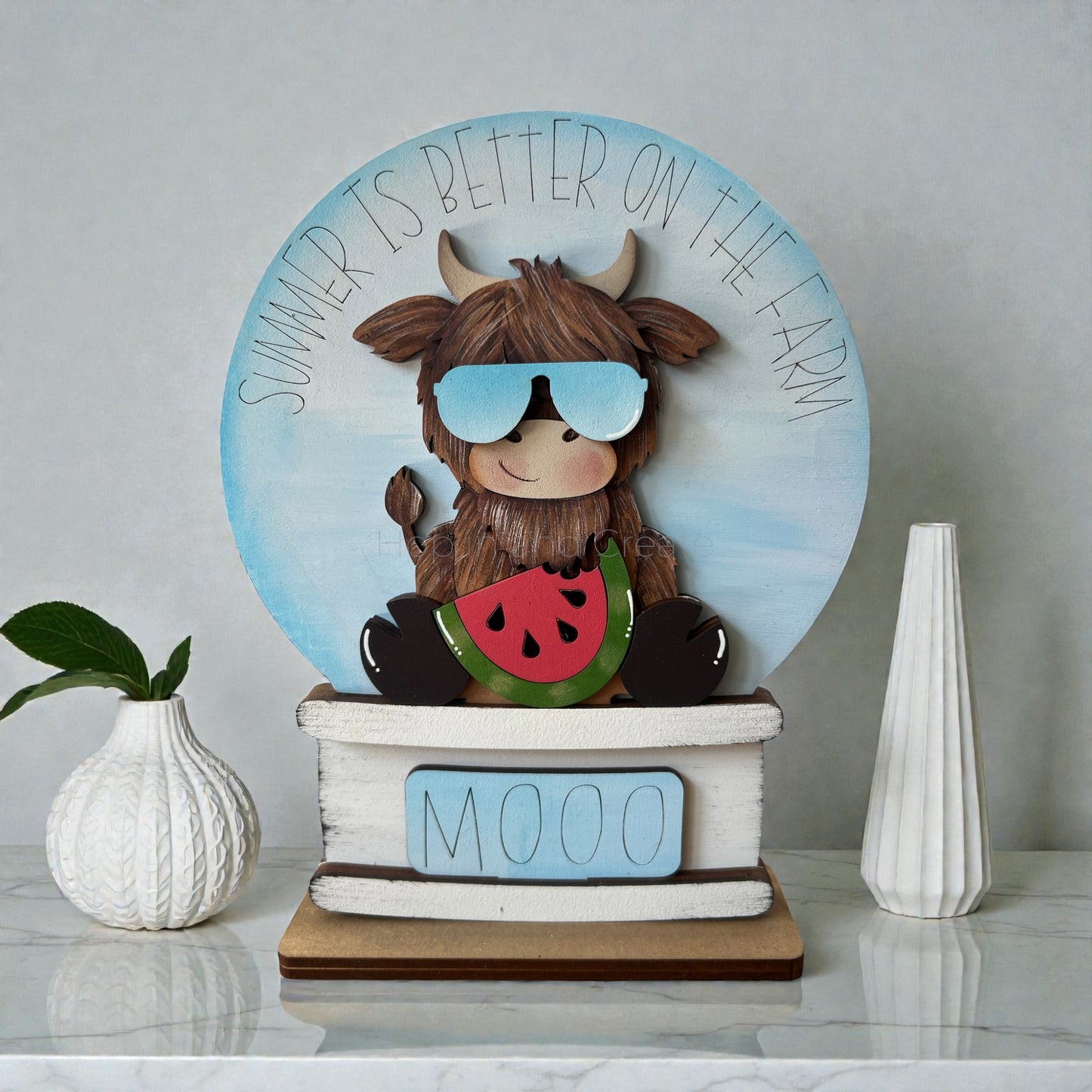 Highland Cow Watermelon Easel Globe Insert | Summer Interchangeable Decor
