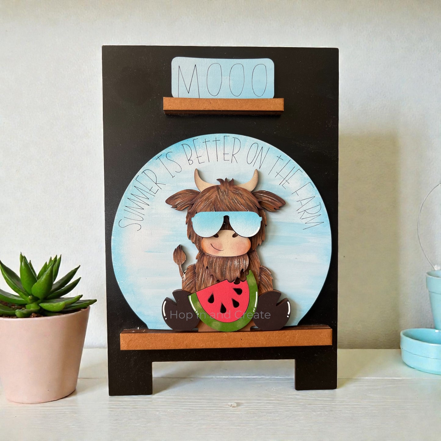 Highland Cow Watermelon Easel Globe Insert | Summer Interchangeable Decor
