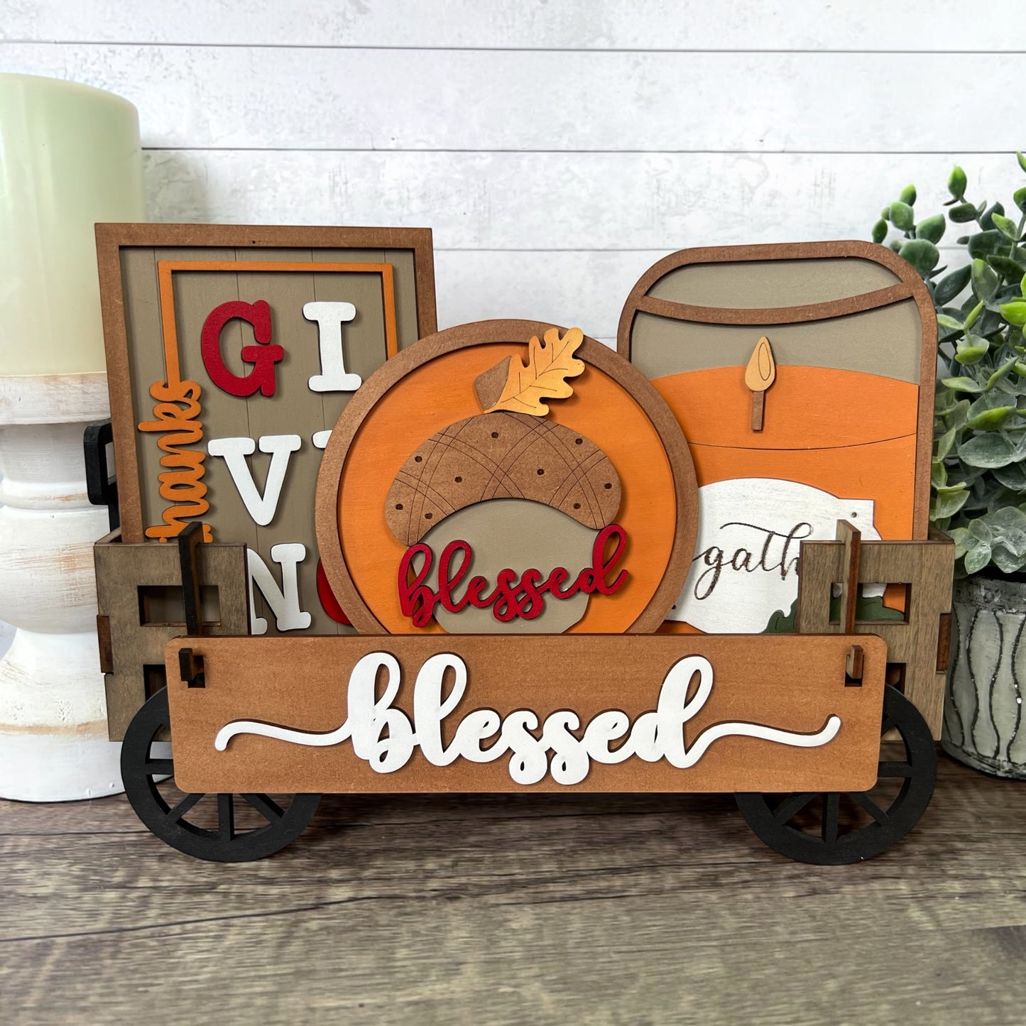 Blessed & Give Thanks Fall Wagon Insert | Thanksgiving Wagon Decor | Interchangeable Autumn Display