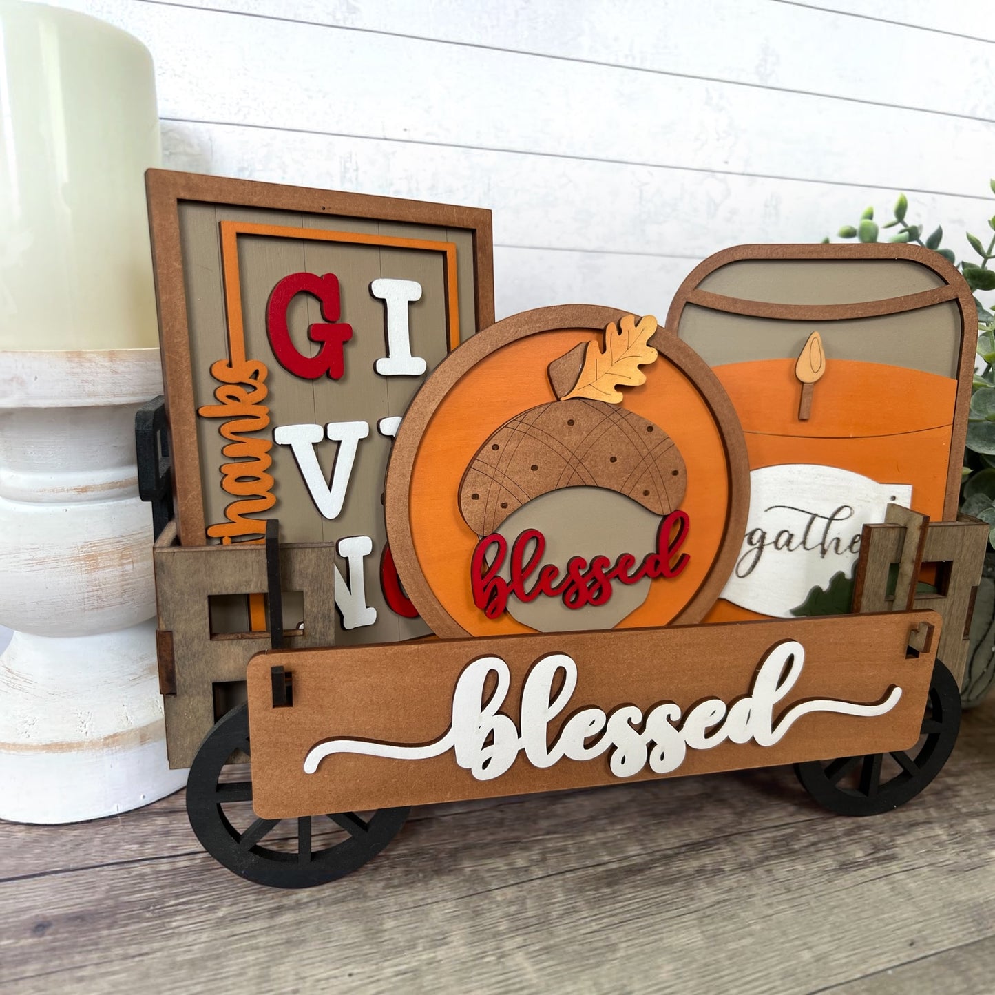 Blessed & Give Thanks Fall Wagon Insert | Thanksgiving Wagon Decor | Interchangeable Autumn Display