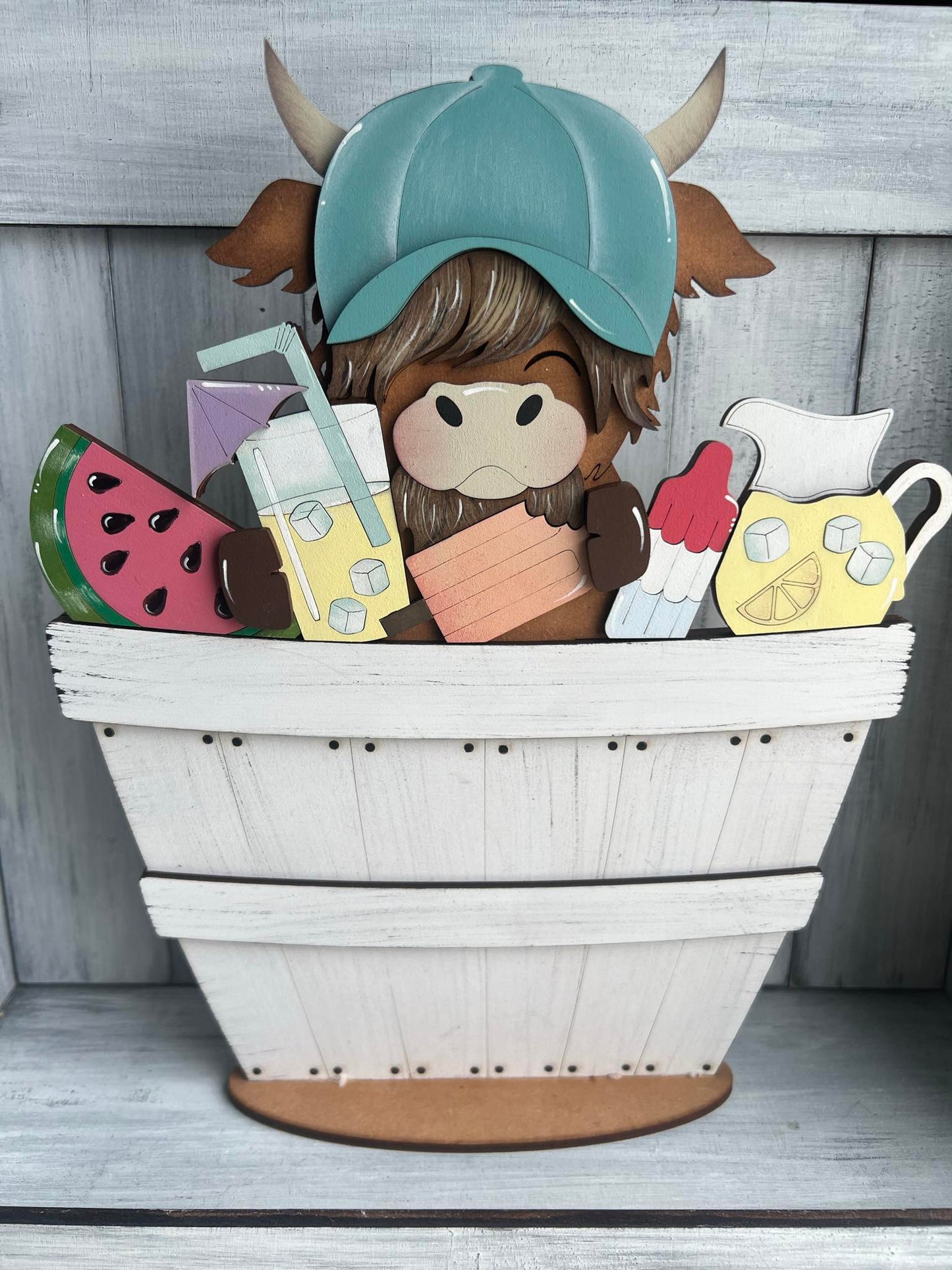Summer Picnic Highland Cow Basket Insert – Full Size | Interchangeable Summer Decor
