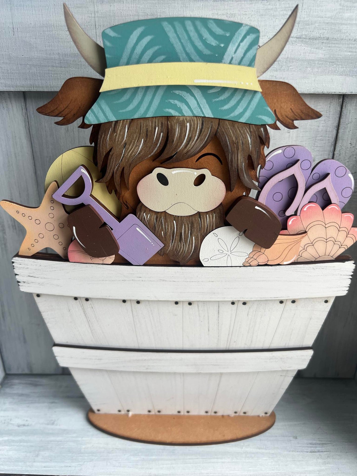 Beach Highland Cow Basket Insert – Full Size | Interchangeable Summer Decor