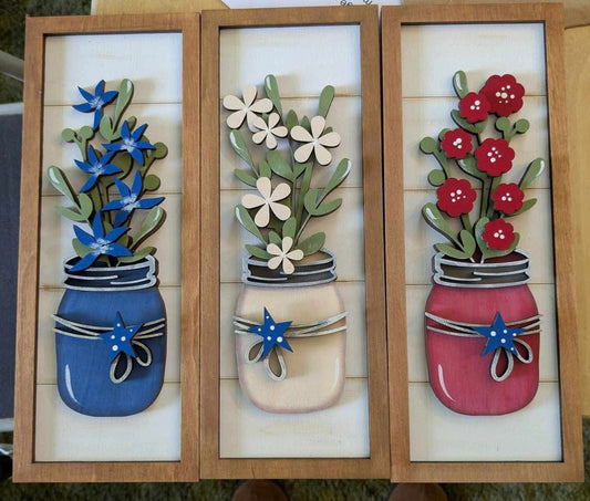 Mason Jars with Flowers (red, white and blue) Vertical Trio Sign