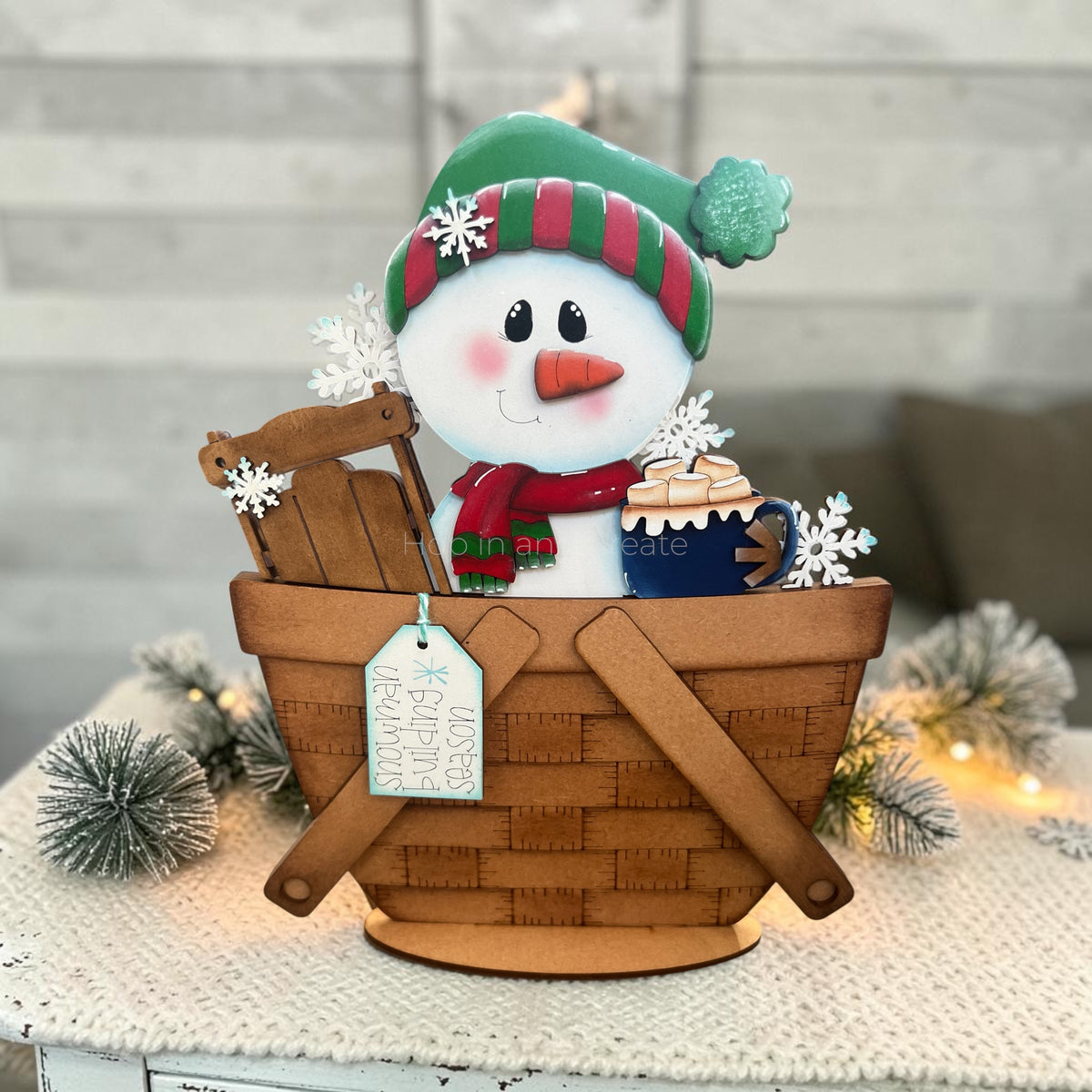 Snowman (Sleigh and Cocoa) Basket Insert – Full Size | Interchangeable Winter Decor