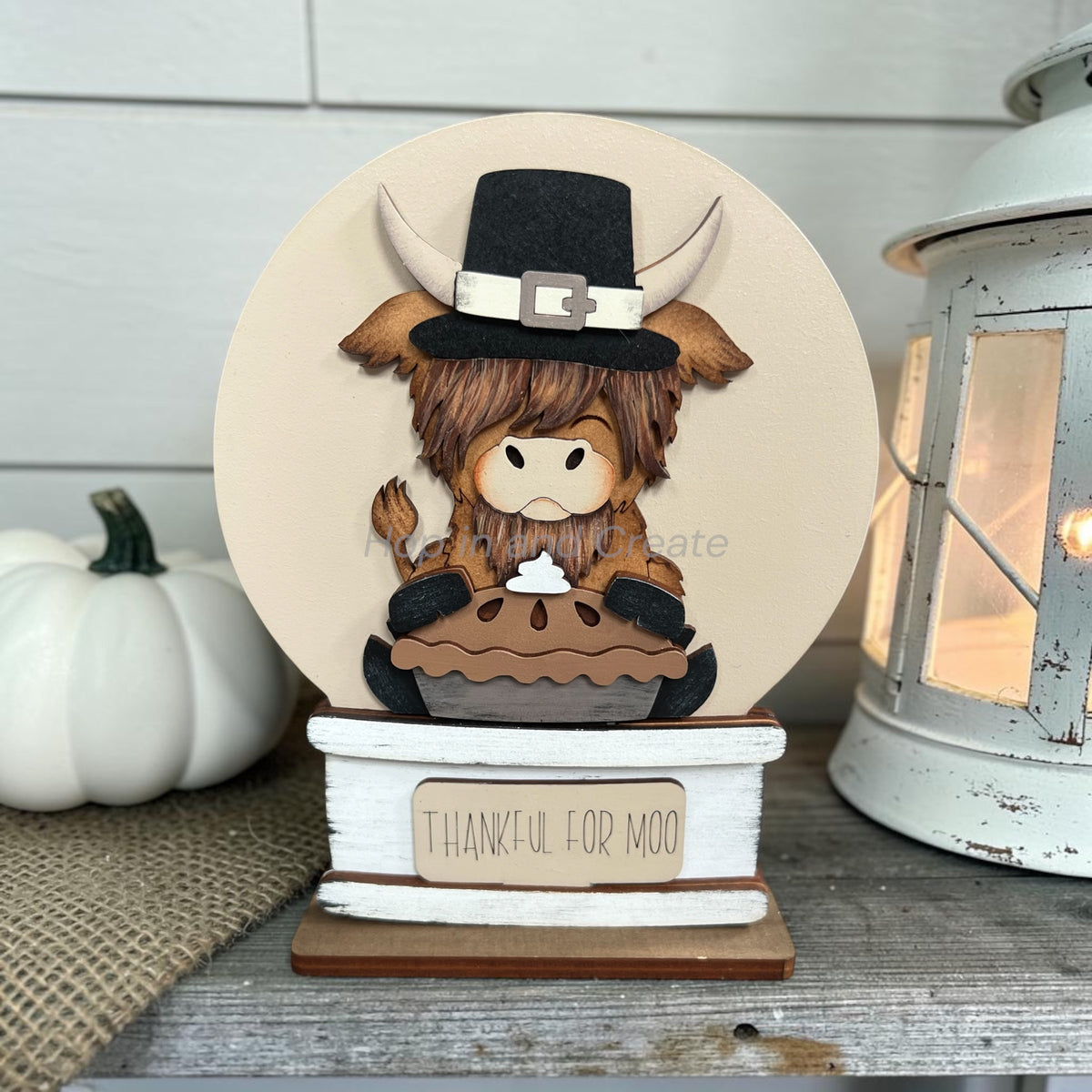 Thankful for Moo Highland Cow Thanksgiving Globe Easel Insert – Hand-Painted Fall Décor