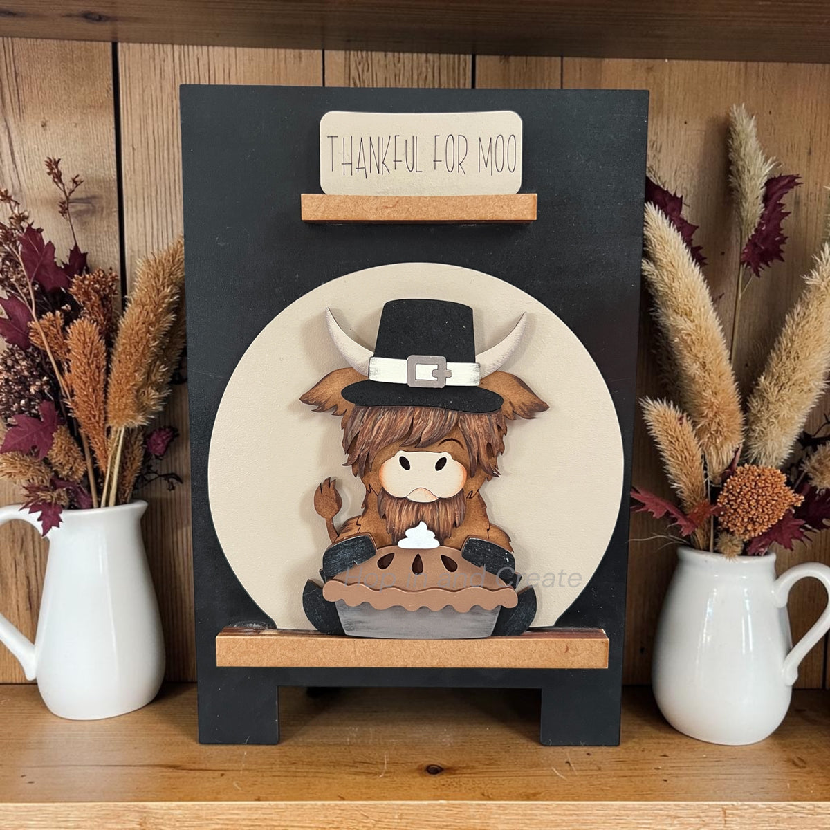Thankful for Moo Highland Cow Thanksgiving Globe Easel Insert – Hand-Painted Fall Décor