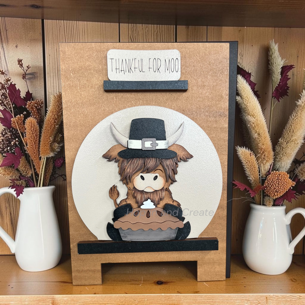 Thankful for Moo Highland Cow Thanksgiving Globe Easel Insert – Hand-Painted Fall Décor