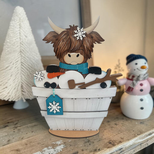 Winter Highland Cow Basket Insert – Full Size | Interchangeable Winter Decor