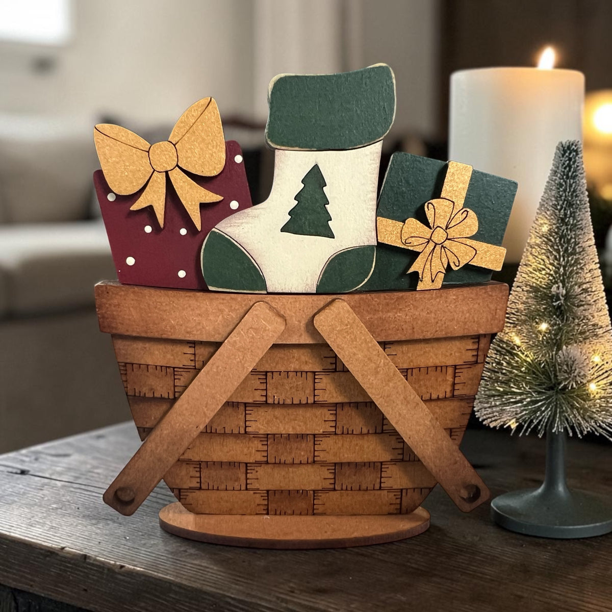 Christmas Stocking & Presents Mini Basket Insert – Hand-Painted Holiday Décor