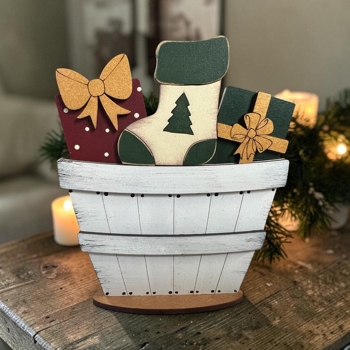 Christmas Stocking & Presents Mini Basket Insert – Hand-Painted Holiday Décor