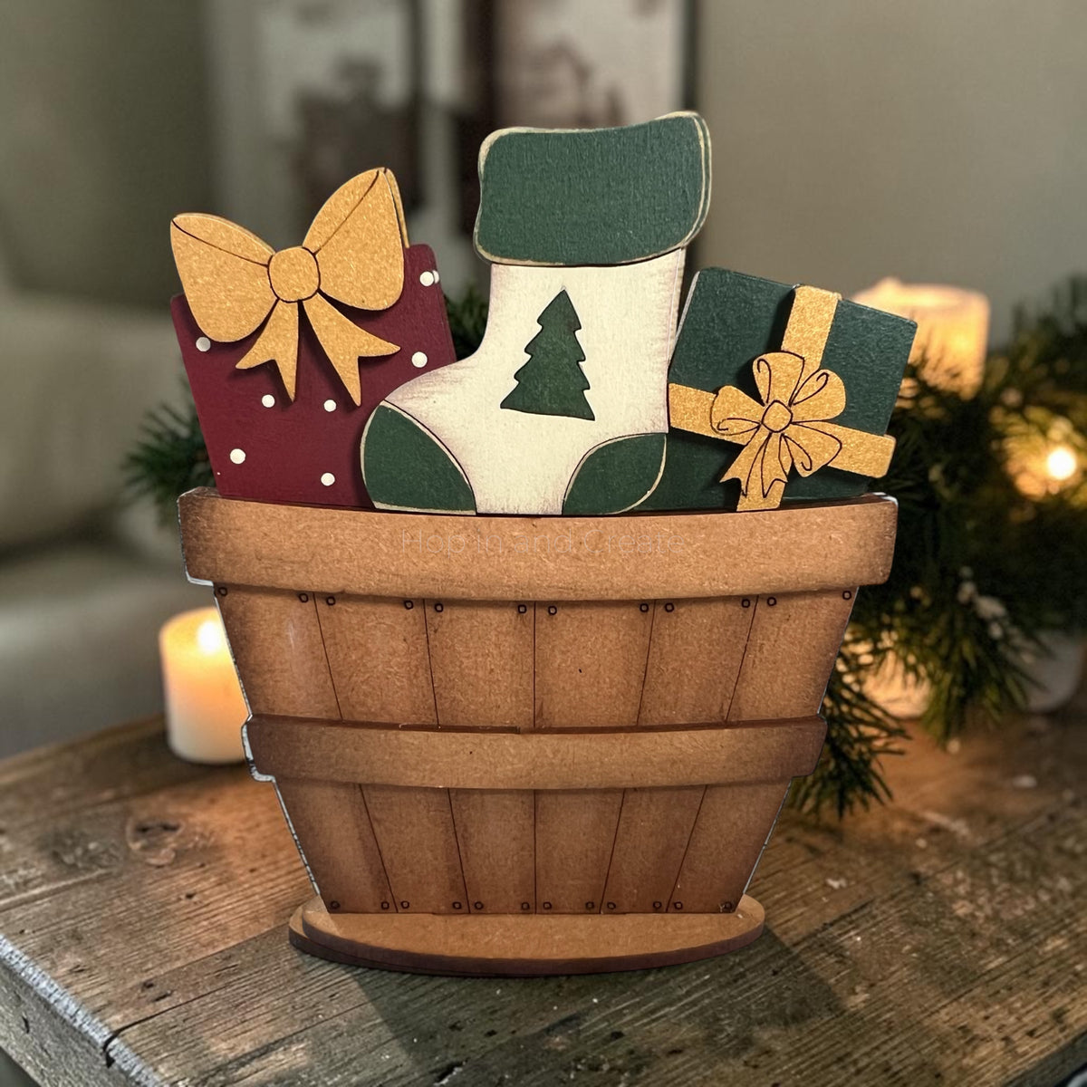 Christmas Stocking & Presents Mini Basket Insert – Hand-Painted Holiday Décor