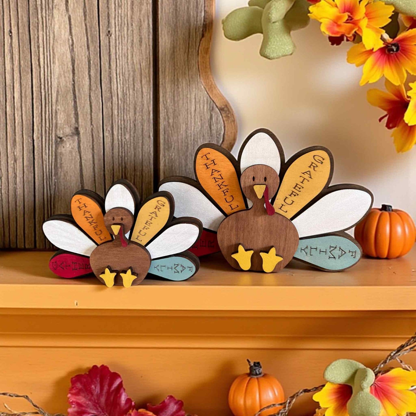Thankful & Grateful Wooden Turkey Shelf Sitter
