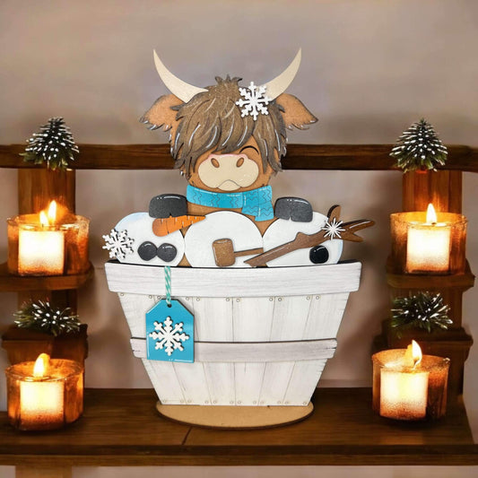 Winter Highland Cow Basket Insert – Full Size | Interchangeable Winter Decor