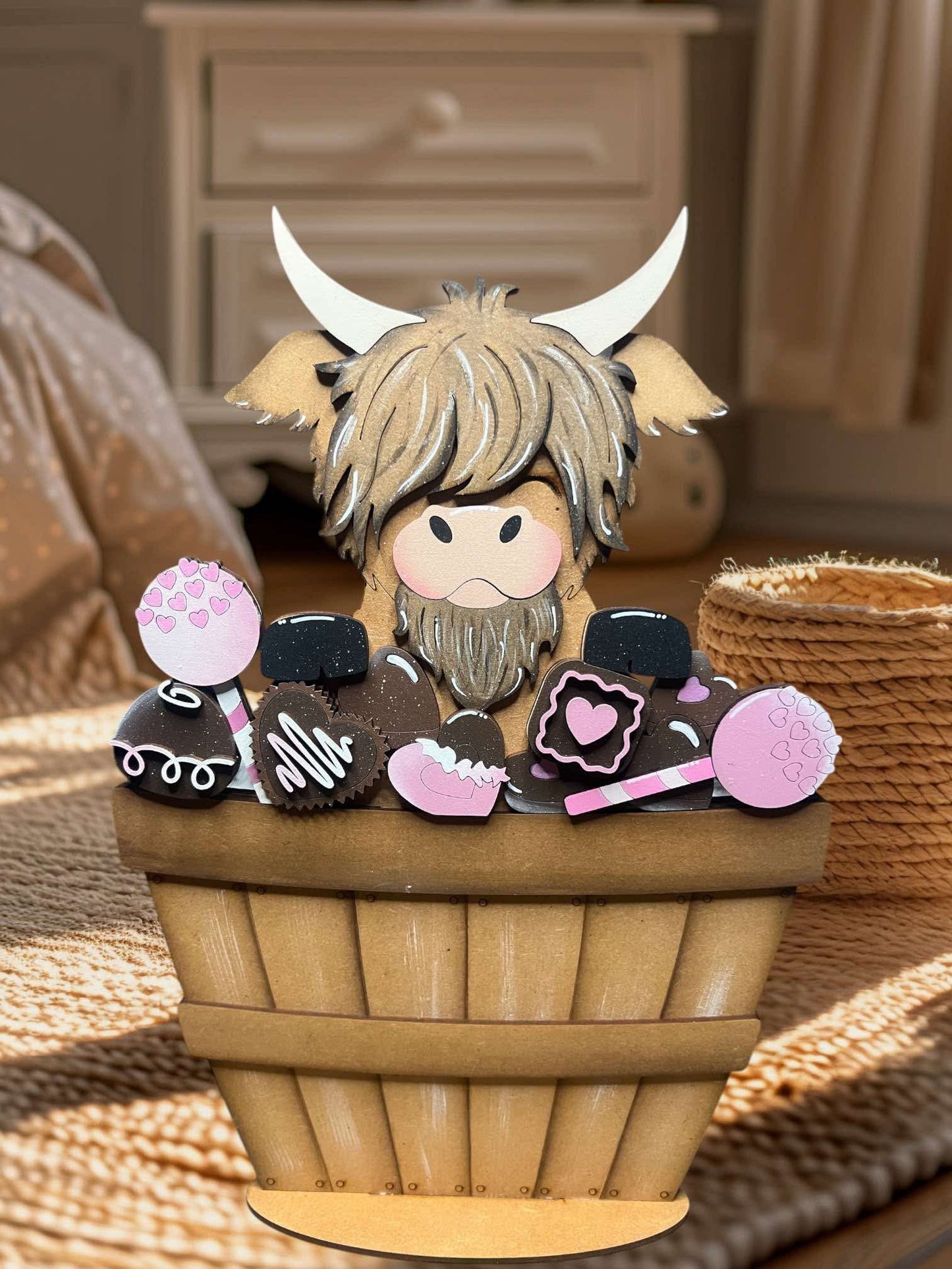 Highland Cow Valentine Candy Basket Insert – Full Size | Interchangeable Valentine Decor
