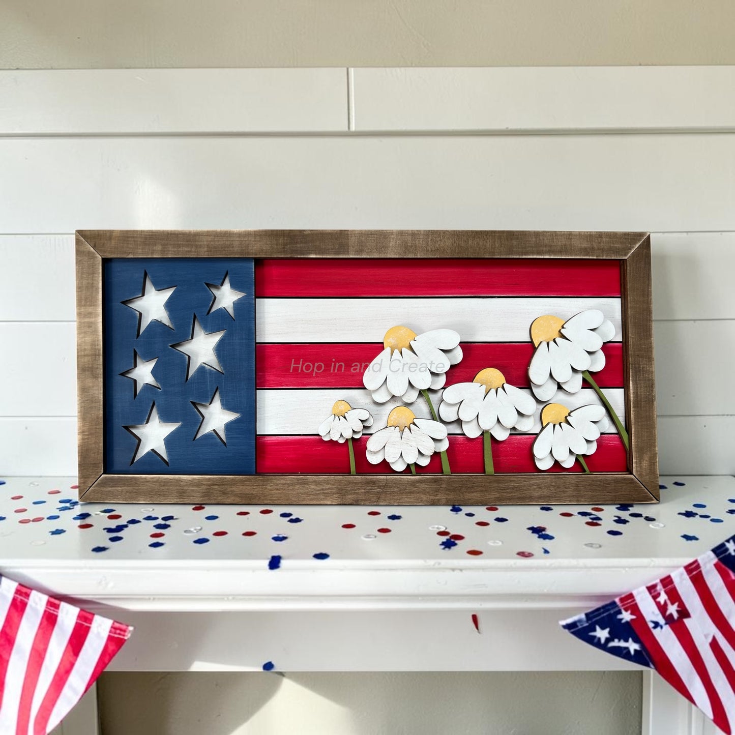 Patriotic Daisy American Flag Wood Sign