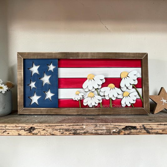 Patriotic Daisy American Flag Wood Sign