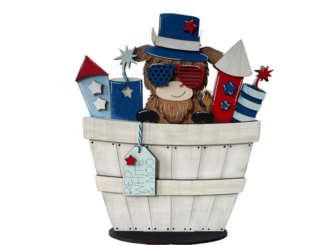 Fourth of July Highland Cow Firecracker Basket Insert – Full Size | Interchangeable USA Decor