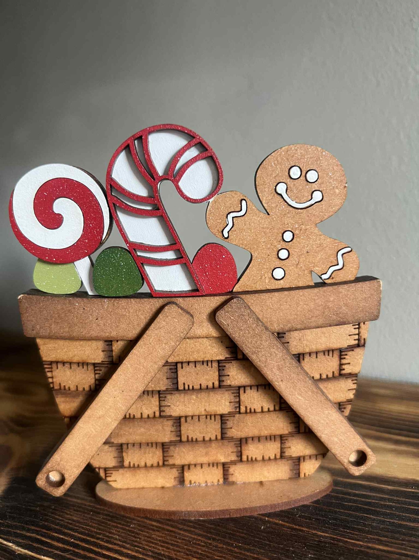 Christmas mini basket with candy cane, gingerbread man