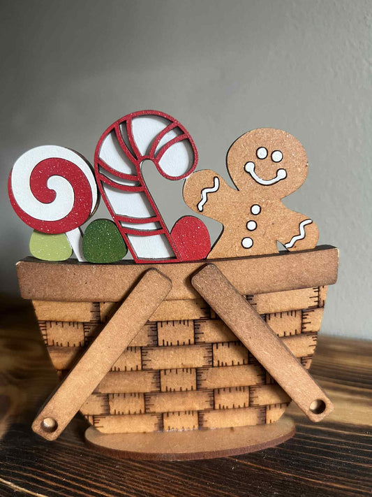 Christmas mini basket with candy cane, gingerbread man