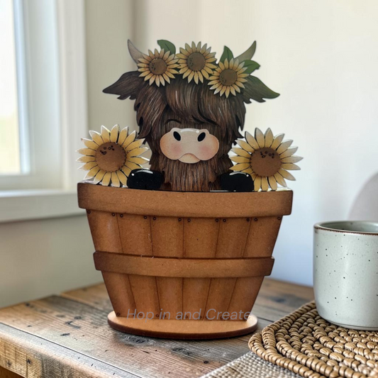 Sunflower Highland Cow Mini Basket Insert| Farmhouse Sunflower Decor | Interchangeable Basket Insert