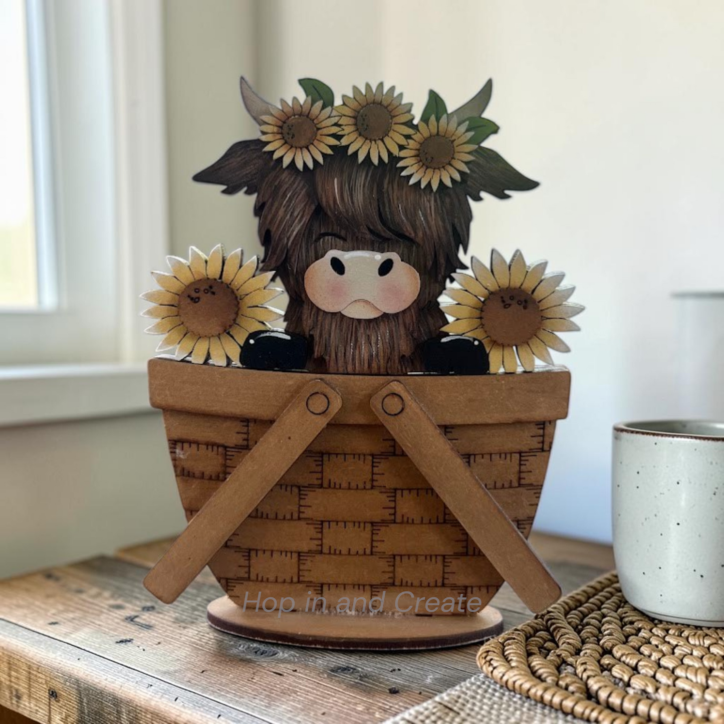 Sunflower Highland Cow Mini Basket Insert| Farmhouse Sunflower Decor | Interchangeable Basket Insert