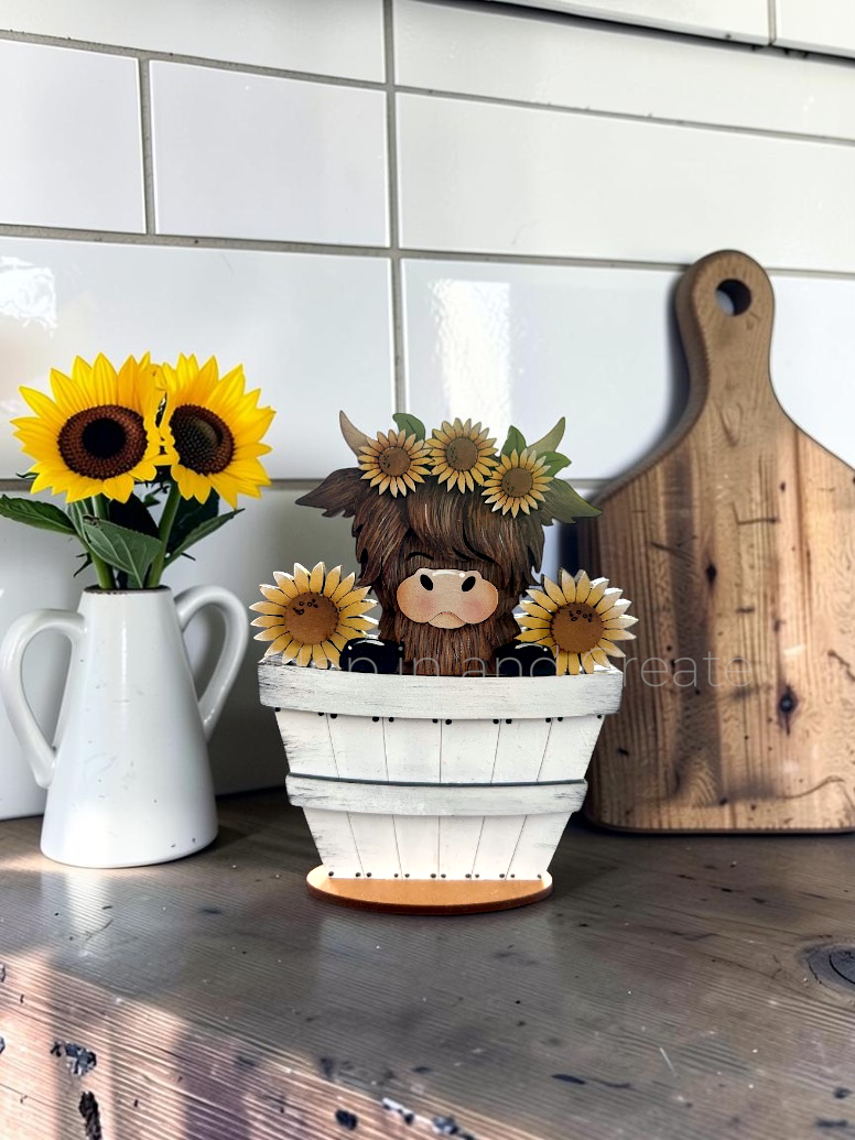 Sunflower Highland Cow Mini Basket Insert| Farmhouse Sunflower Decor | Interchangeable Basket Insert