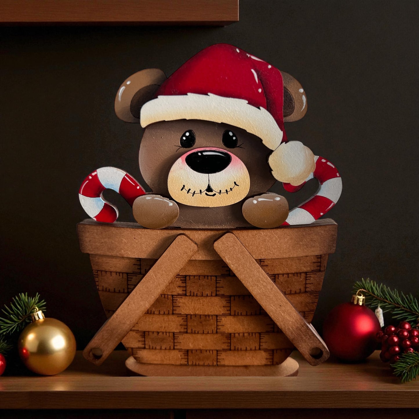 bear wearing a Santa hat with candy canes and Christmas decorations for a mini-interchangeable basket