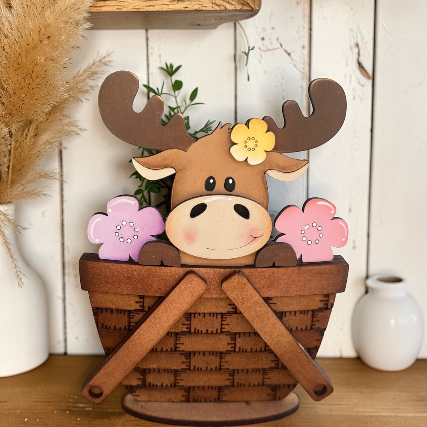 hand painted moose with flowers mini basket interchangeable