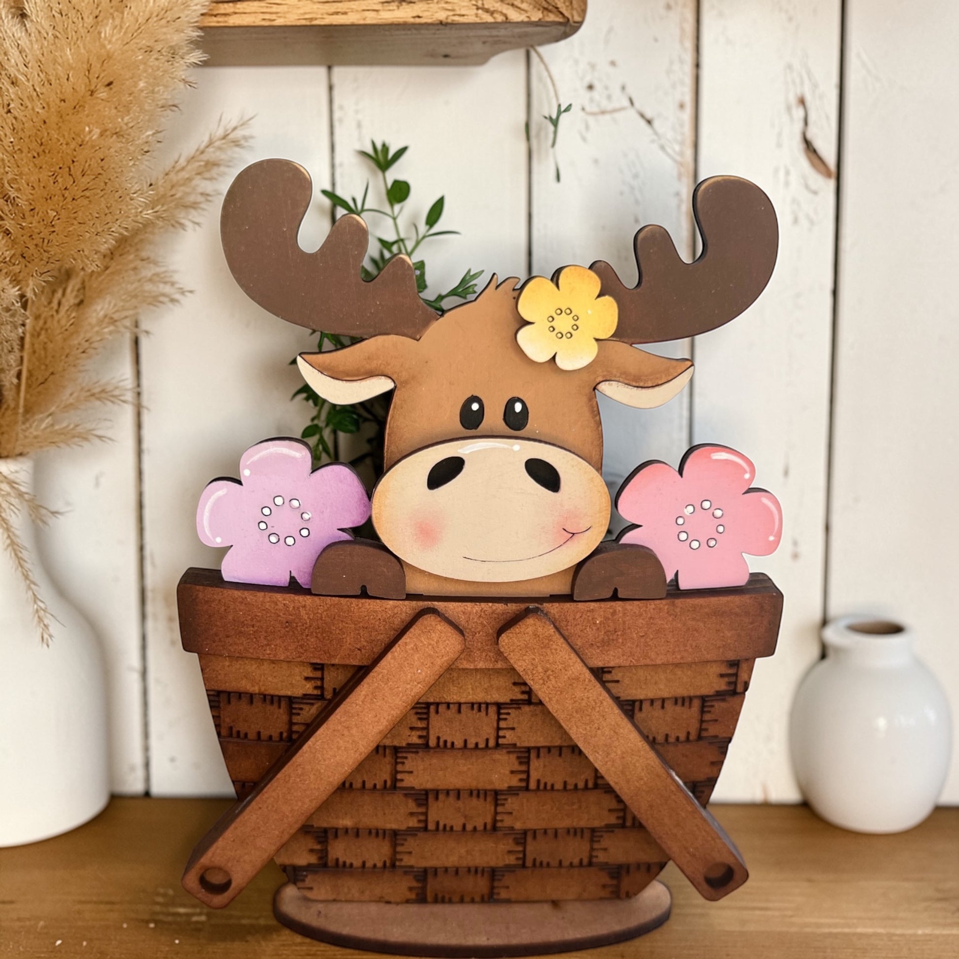 hand painted moose with flowers mini basket interchangeable