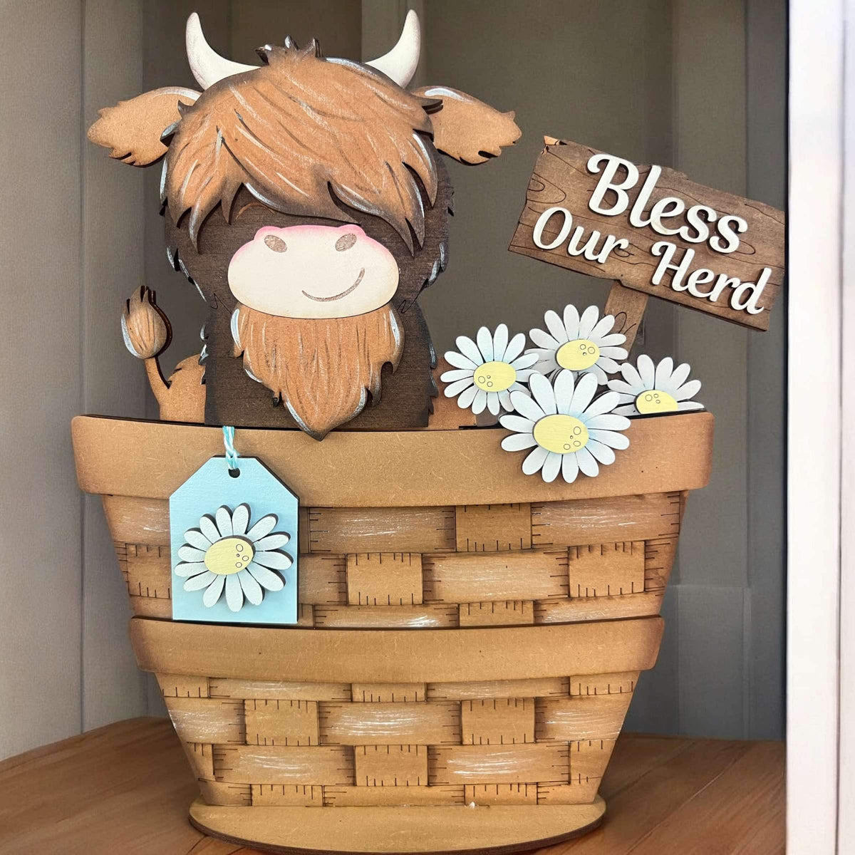 Highland Cow Bless our Herd Basket Insert – Full Size | Interchangeable Everyday Decor
