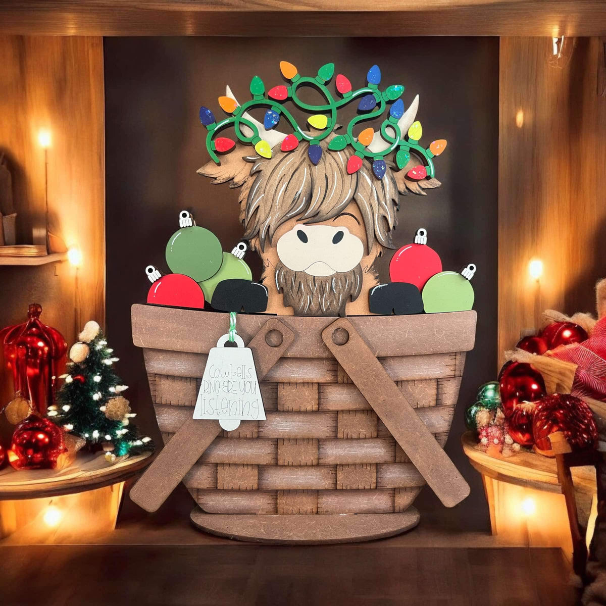 Highland Cow Christmas Basket Insert – Full Size | Interchangeable Christmas Decor
