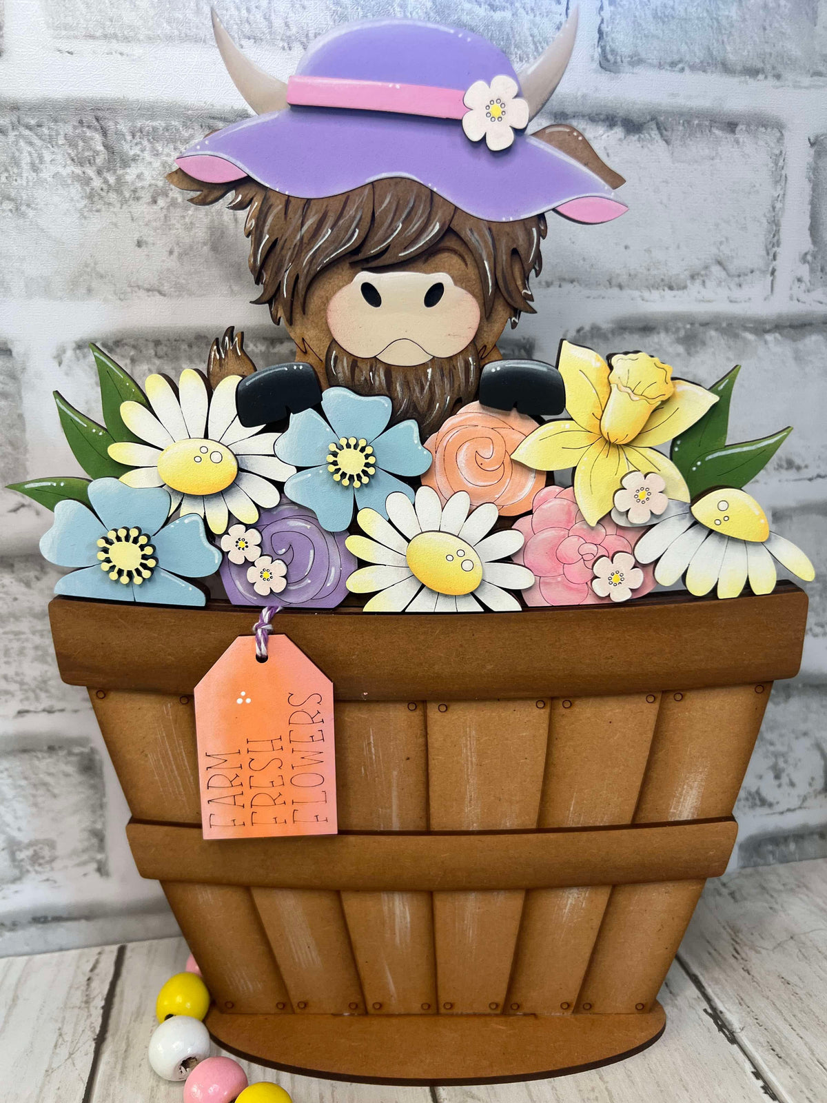 Highland Cow with Flowers Basket Insert – Full Size | Interchangeable Spring/Summer Decor