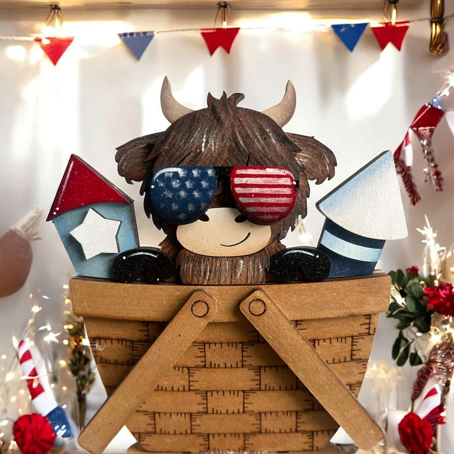 highland cow with American flag sunglasses in a wooden basket, surrounded by fireworks