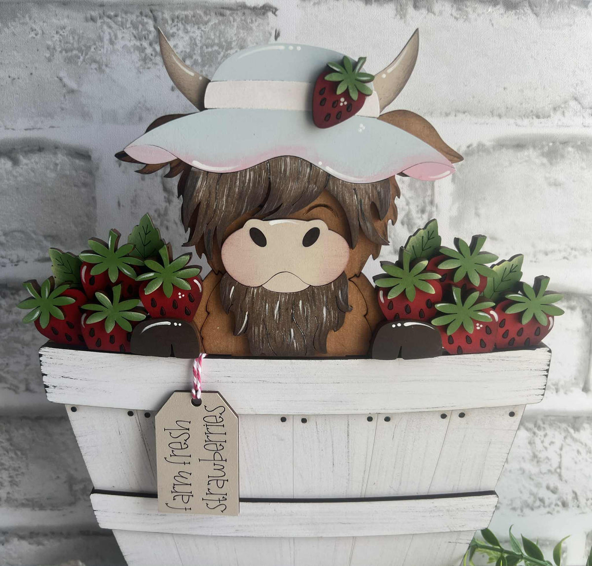 Strawberry Highland Cow Basket Insert – Full Size | Interchangeable Summer Decor
